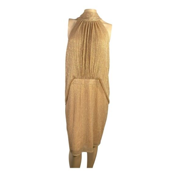 HALSTON Gold Metallic Mock-Neck Dress Size 14 - Picture 1 of 10